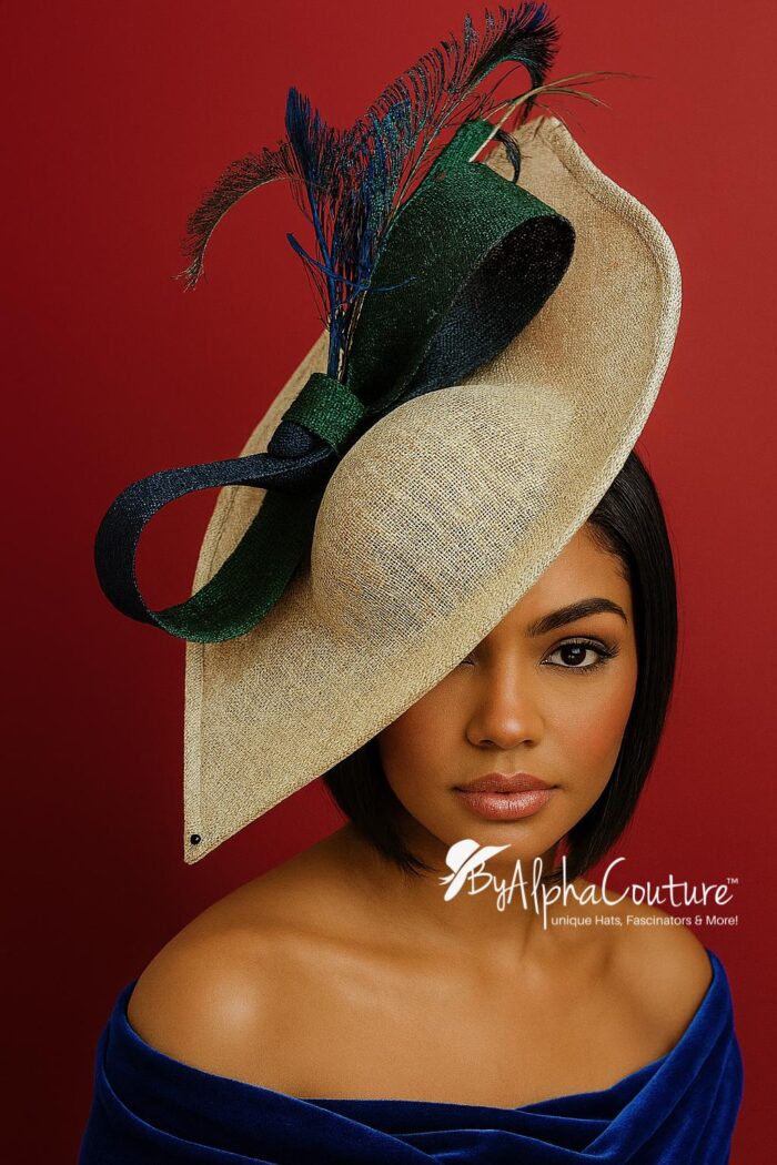 Shalsvill - Cream Sinamay Hatinator: Navy & Emerald Bow, Peacock Feathers
