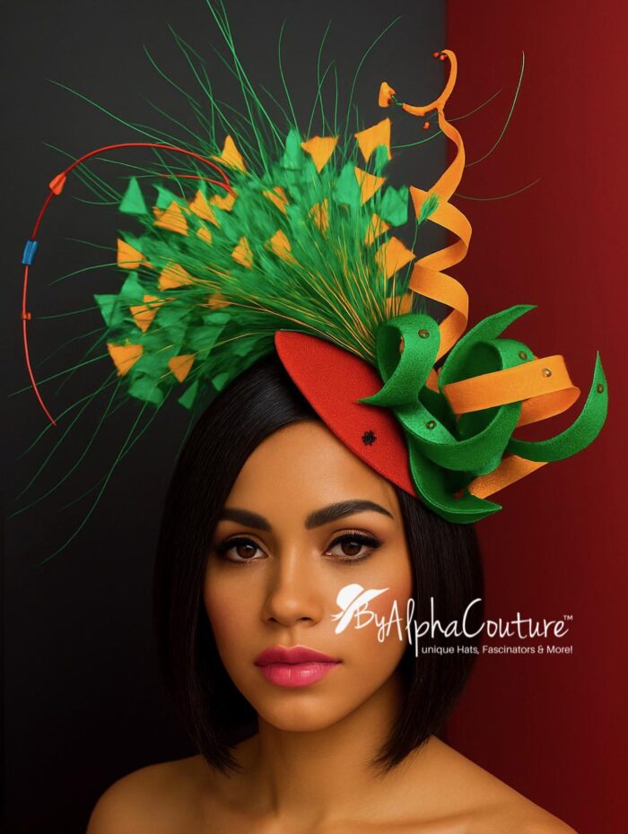 Jackie - Orange & Green Sinamay Fascinator: Handmade Statement Headpiece
