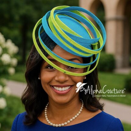 Akoele Blue Sinamay Fascinator Hat: Lemon Green Swirl Derby, Cocktail, Tea Party