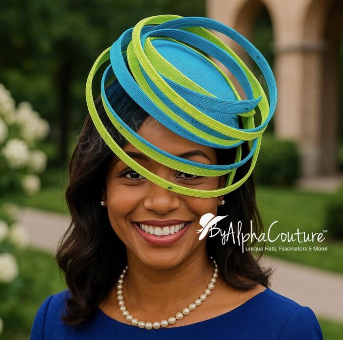il_fullxfull.7318445433_2vcy Akoele Blue Sinamay Fascinator Hat: Lemon Green Swirl Derby, Cocktail, Tea Party