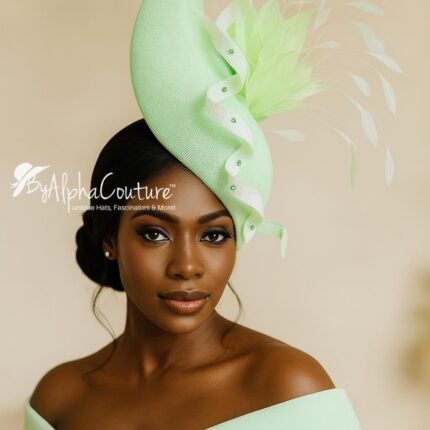 Adinkra Flame Mint. Green Feather Fascinator. Pearl & Crystal Derby Hat