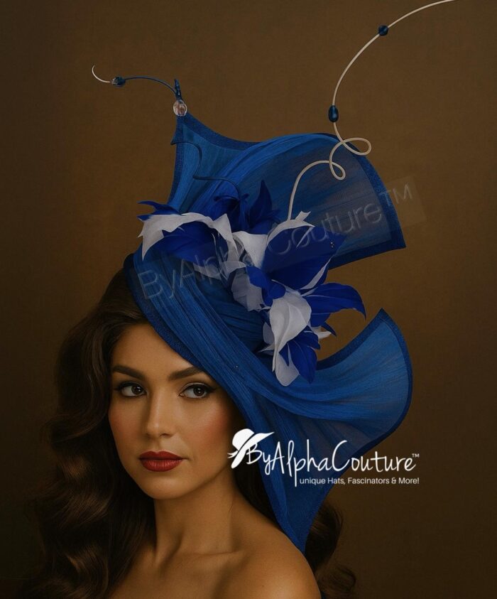 Jada - Blue Abaca Fascinator. Hand-Sculpted Silk Headpiece with Swarovski Crystals.