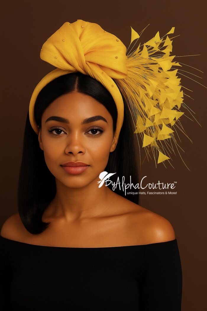 il_fullxfull.7330688147_4n6h Yellow Feather Fascinator: Silk Abaca Knot Headband, Derby Hat - Zoranda yellow