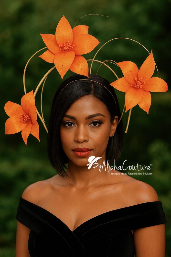 Lorraine - Orange Abaca Silk Fascinator: Kentucky Derby Headpiece