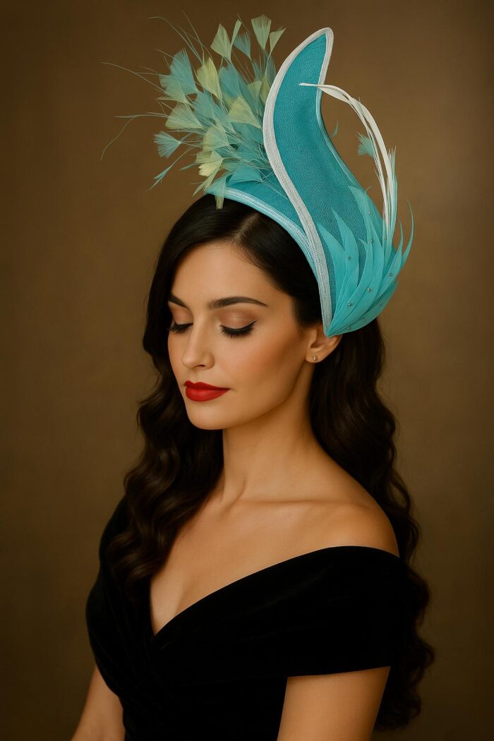 Claudia - Aqua & Lemon Couture Fascinator.  Sinamay Hat with Feather Spray.