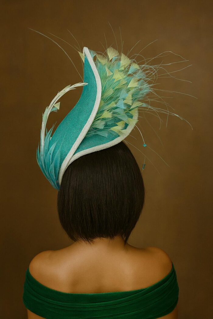 Claudia - Aqua & Lemon Couture Fascinator.  Sinamay Hat with Feather Spray.