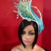 Claudia - Aqua & Lemon Couture Fascinator.  Sinamay Hat with Feather Spray.