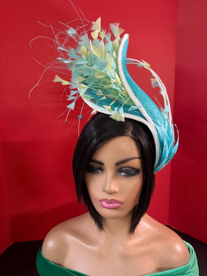 Claudia - Aqua & Lemon Couture Fascinator.  Sinamay Hat with Feather Spray.