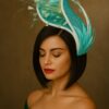 Claudia - Aqua & Lemon Couture Fascinator.  Sinamay Hat with Feather Spray.