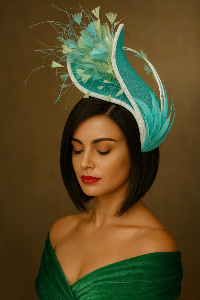 Claudia - Aqua & Lemon Couture Fascinator.  Sinamay Hat with Feather Spray.