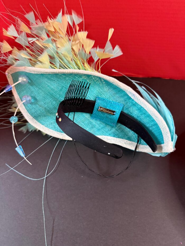 Claudia - Aqua & Lemon Couture Fascinator.  Sinamay Hat with Feather Spray.