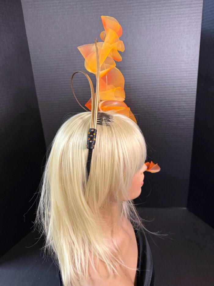 Amber Cascade Couture Fascinator, Orange Ruffled Organza Statement Hat