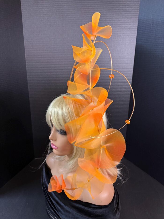 Amber Cascade Couture Fascinator, Orange Ruffled Organza Statement Hat