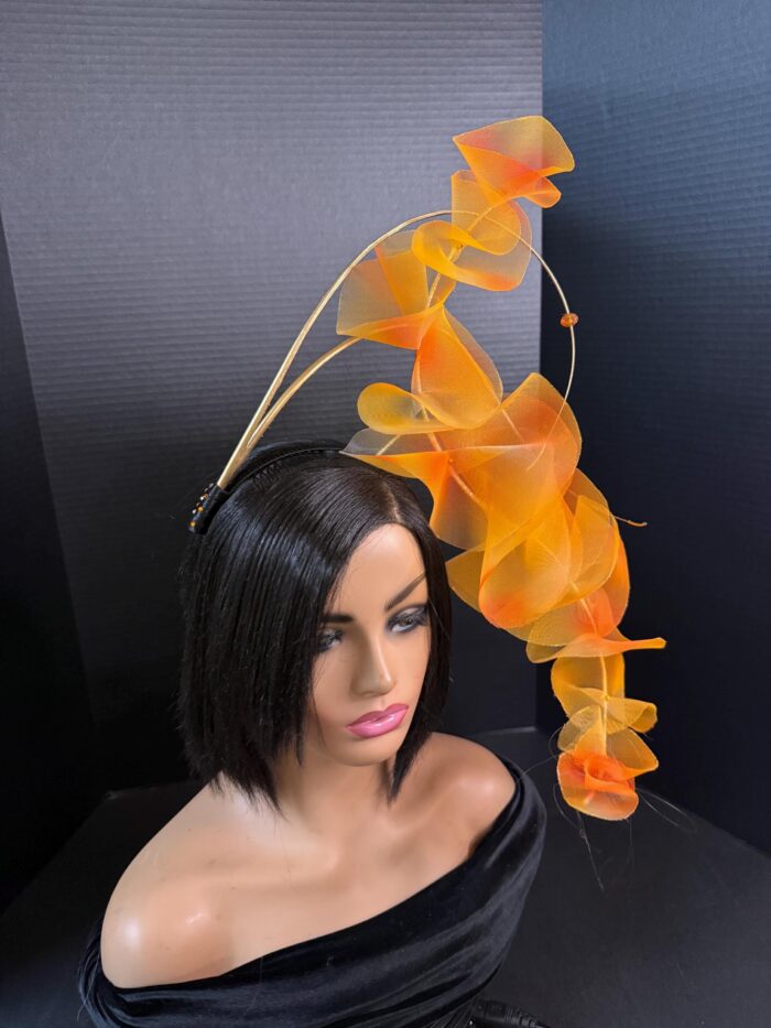Amber Cascade Couture Fascinator, Orange Ruffled Organza Statement Hat
