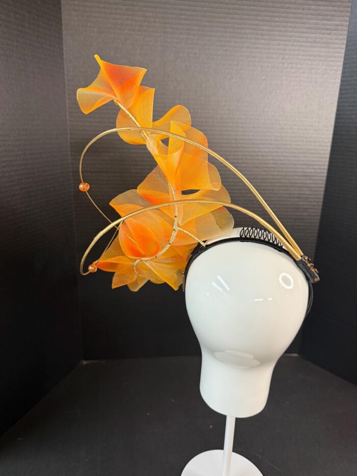 Amber Cascade Couture Fascinator, Orange Ruffled Organza Statement Hat