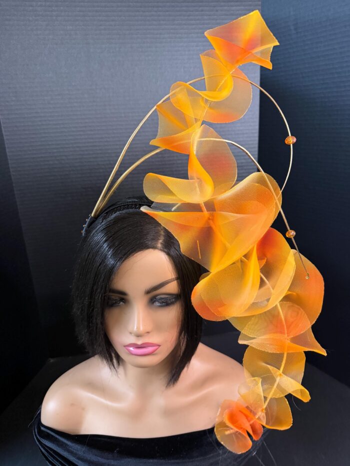 Amber Cascade Couture Fascinator, Orange Ruffled Organza Statement Hat