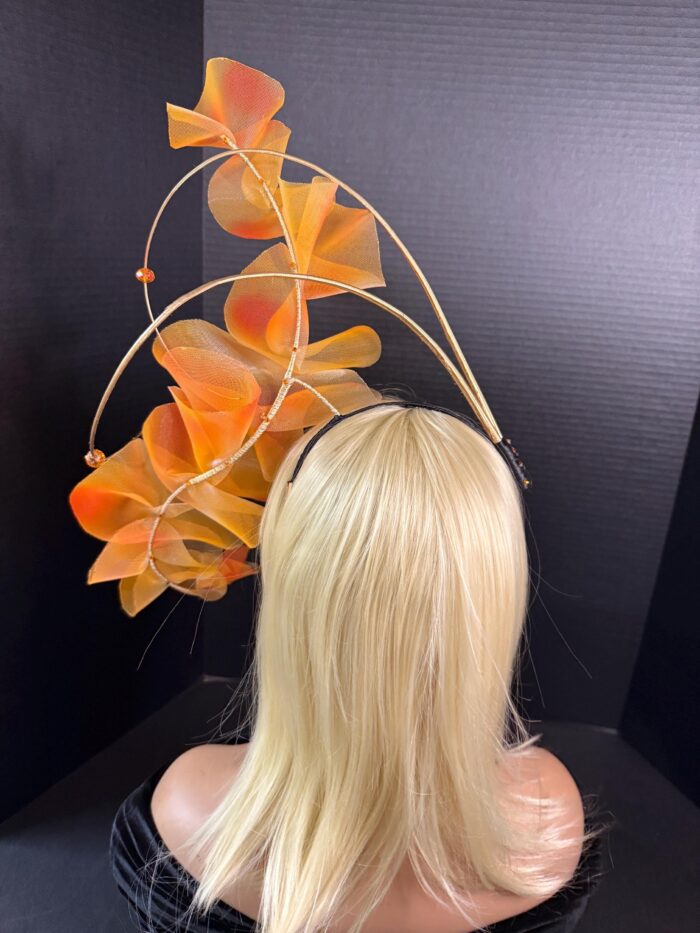 Amber Cascade Couture Fascinator, Orange Ruffled Organza Statement Hat