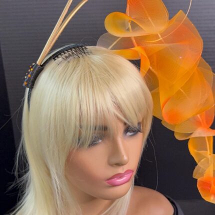 Amber Cascade Couture Fascinator, Orange Ruffled Organza Statement Hat