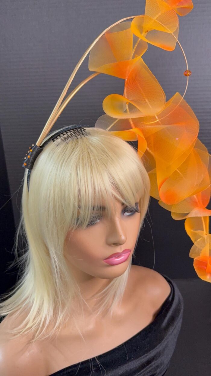 Amber Cascade Couture Fascinator, Orange Ruffled Organza Statement Hat