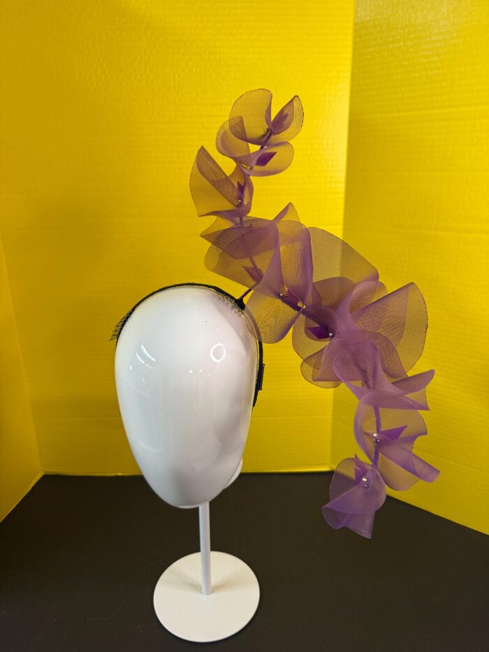 Aubergine Plum Ruffle Headband, Sculptural Organza Fascinator, Wedding Headpiece, Feather Diamante Accent