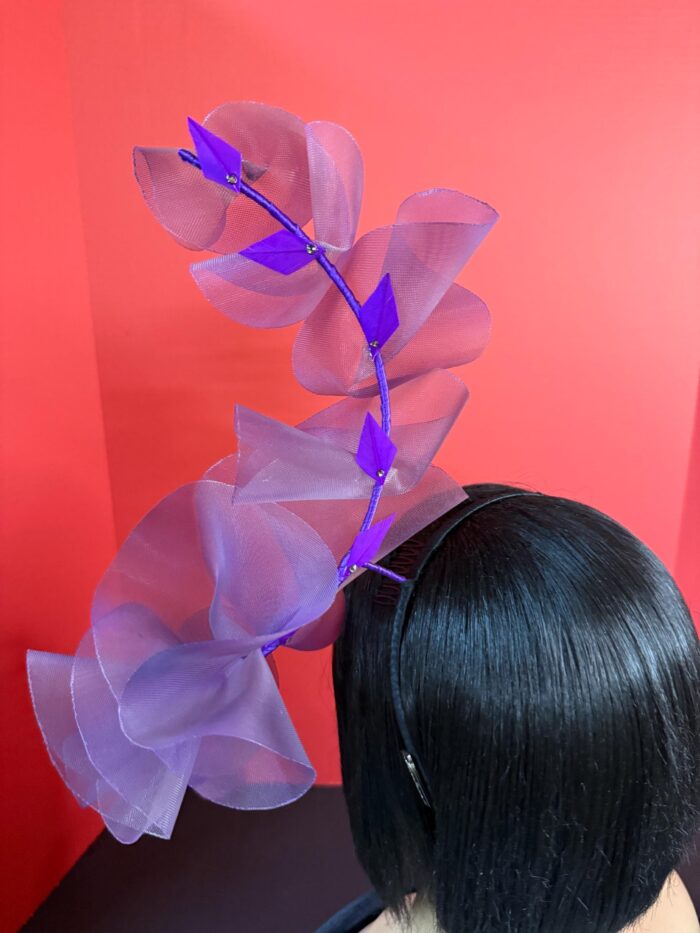 Aubergine Plum Ruffle Headband, Sculptural Organza Fascinator, Wedding Headpiece, Feather Diamante Accent