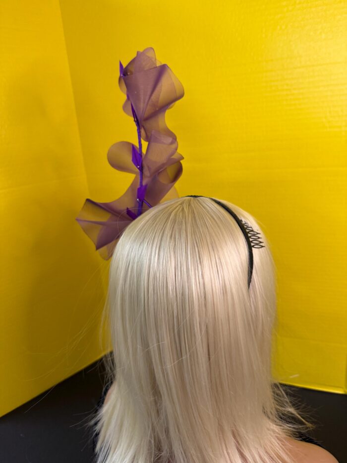 Aubergine Plum Ruffle Headband, Sculptural Organza Fascinator, Wedding Headpiece, Feather Diamante Accent