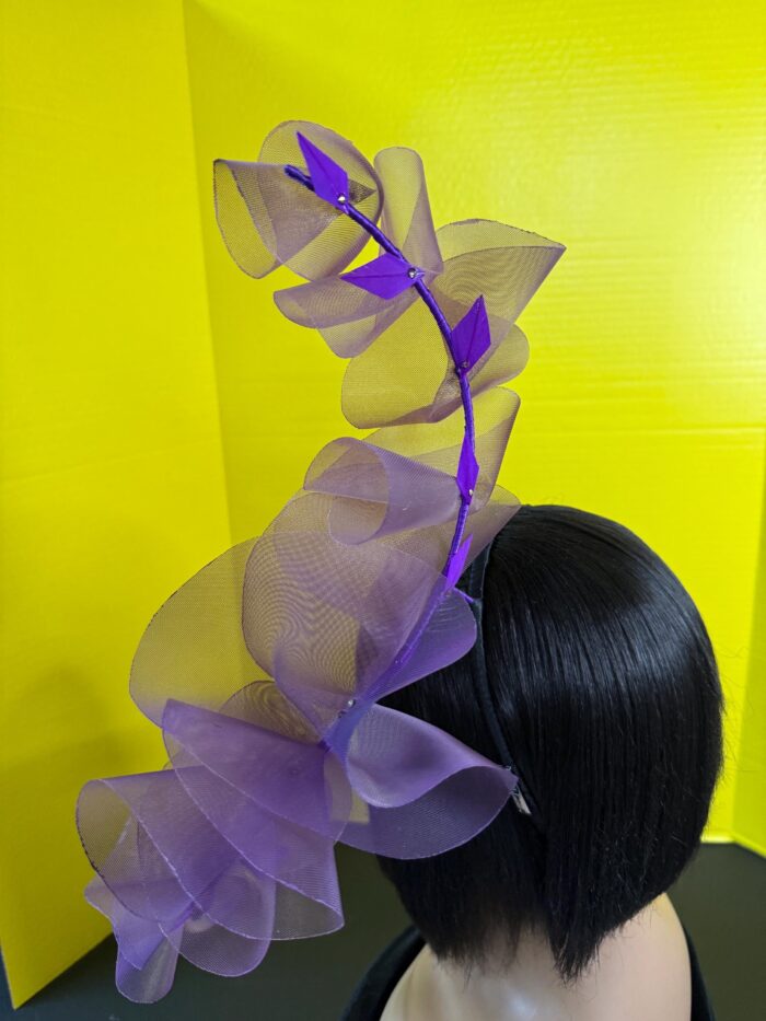 Aubergine Plum Ruffle Headband, Sculptural Organza Fascinator, Wedding Headpiece, Feather Diamante Accent