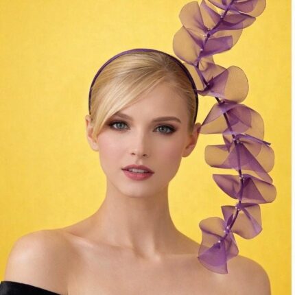 Aubergine Plum Ruffle Headband, Sculptural Organza Fascinator, Wedding Headpiece, Feather Diamante Accent