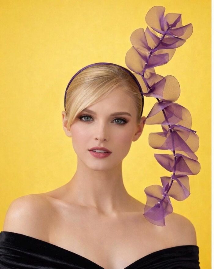 Aubergine Plum Ruffle Headband, Sculptural Organza Fascinator, Wedding Headpiece, Feather Diamante Accent