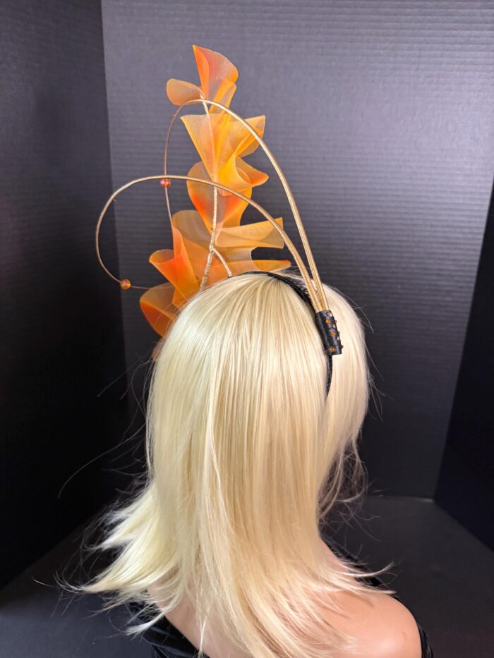 Amber Cascade Couture Fascinator, Orange Ruffled Organza Statement Hat