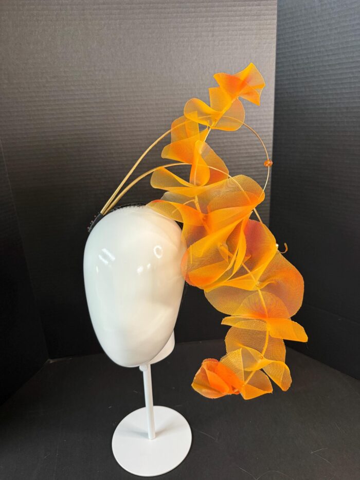 Amber Cascade Couture Fascinator, Orange Ruffled Organza Statement Hat