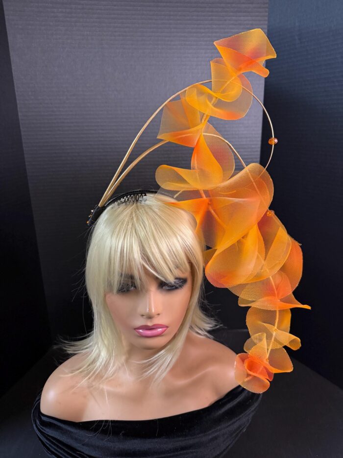 Amber Cascade Couture Fascinator, Orange Ruffled Organza Statement Hat