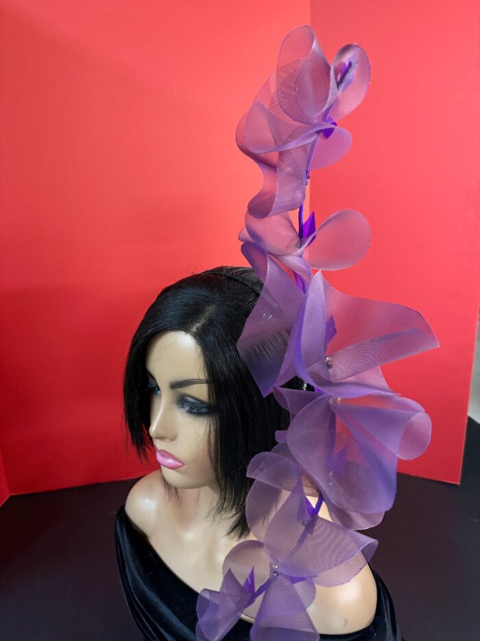 Aubergine Plum Ruffle Headband, Sculptural Organza Fascinator, Wedding Headpiece, Feather Diamante Accent