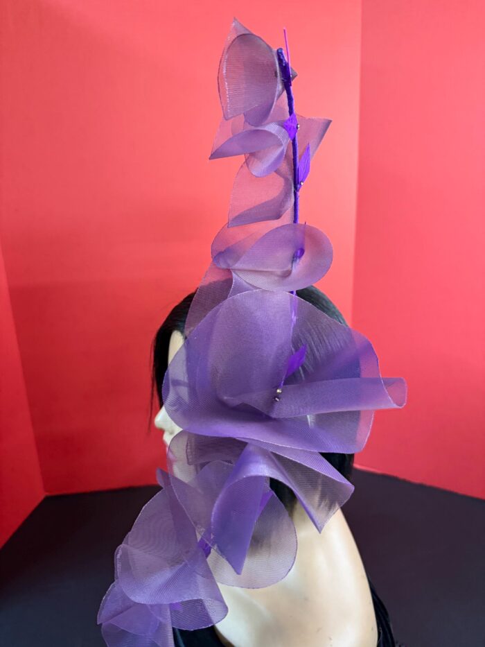 Aubergine Plum Ruffle Headband, Sculptural Organza Fascinator, Wedding Headpiece, Feather Diamante Accent