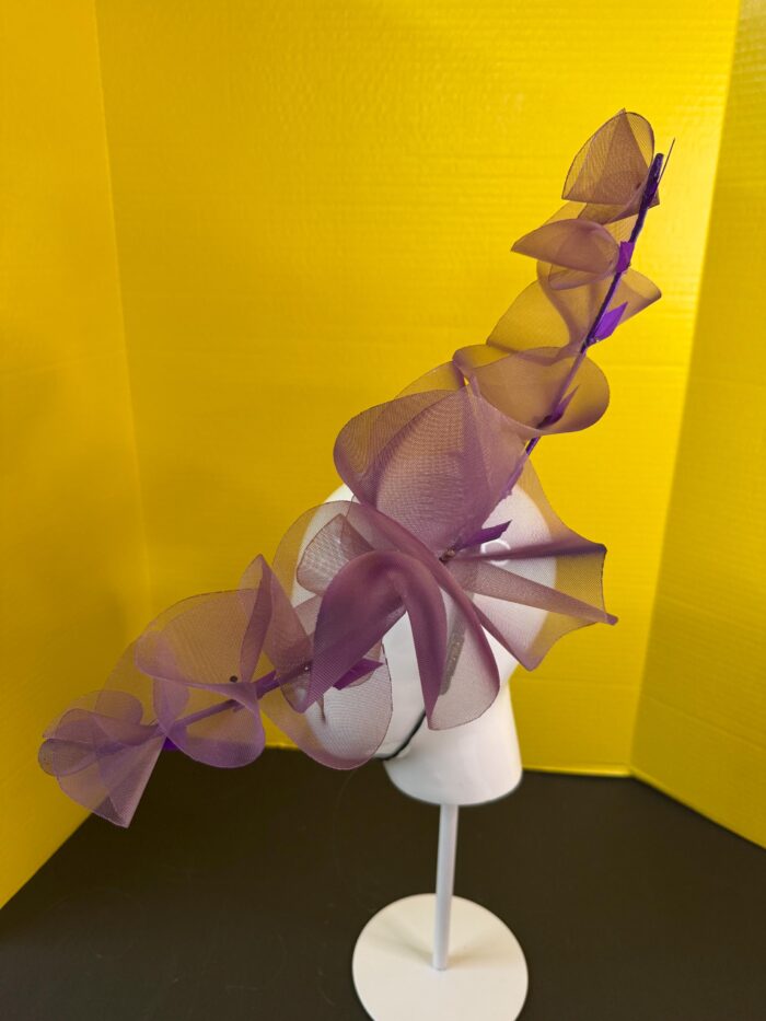 Aubergine Plum Ruffle Headband, Sculptural Organza Fascinator, Wedding Headpiece, Feather Diamante Accent