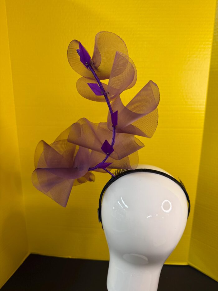 Aubergine Plum Ruffle Headband, Sculptural Organza Fascinator, Wedding Headpiece, Feather Diamante Accent