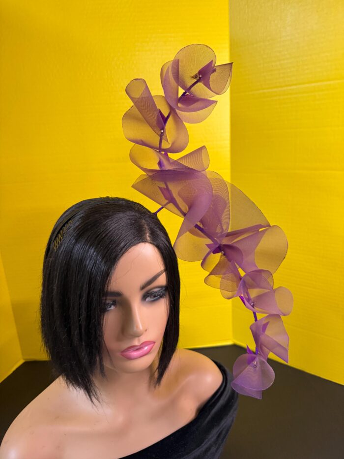 Aubergine Plum Ruffle Headband, Sculptural Organza Fascinator, Wedding Headpiece, Feather Diamante Accent