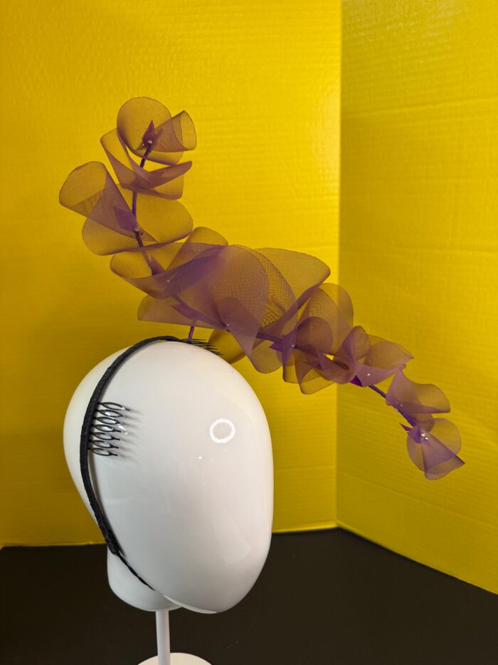 Aubergine Plum Ruffle Headband, Sculptural Organza Fascinator, Wedding Headpiece, Feather Diamante Accent