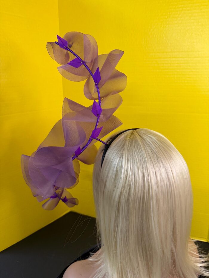 Aubergine Plum Ruffle Headband, Sculptural Organza Fascinator, Wedding Headpiece, Feather Diamante Accent
