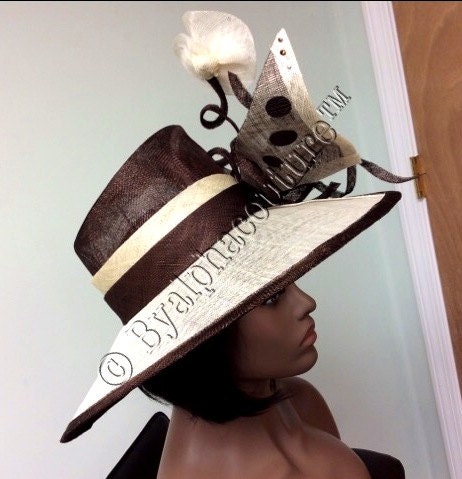 Handmade Cream & Brown Sinamay Occasion Hat, Polka Dot Bow