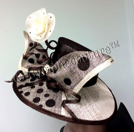 Handmade Cream & Brown Sinamay Occasion Hat, Polka Dot Bow