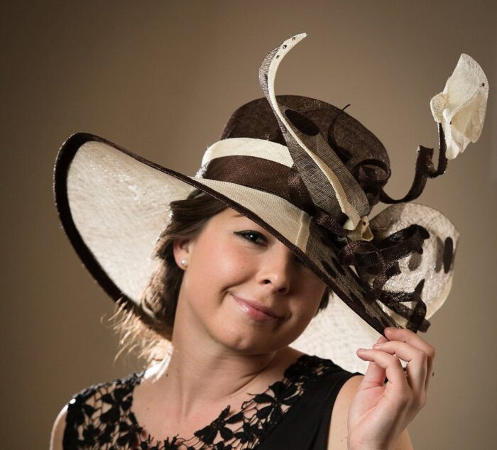 Handmade Cream & Brown Sinamay Occasion Hat, Polka Dot Bow
